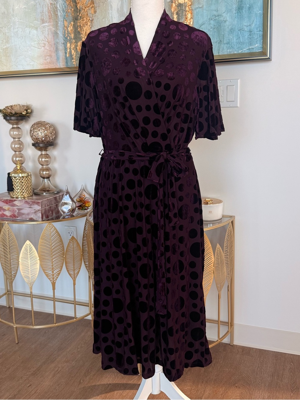 Plum Polka Dot Wrap Midi Dress